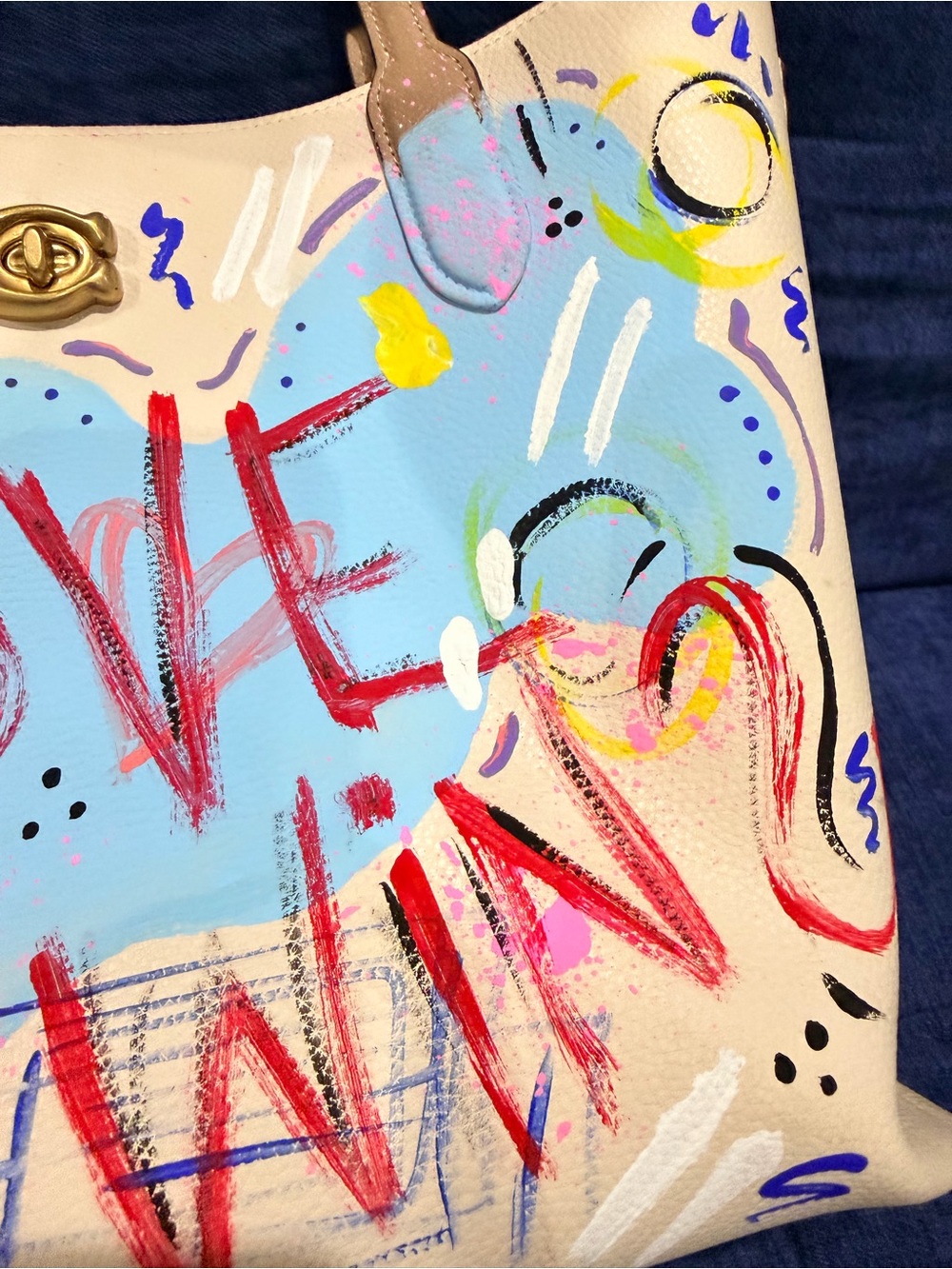 Painted Beige Coach Bag with Hand Painted Graffiti - Picture 5 of 9